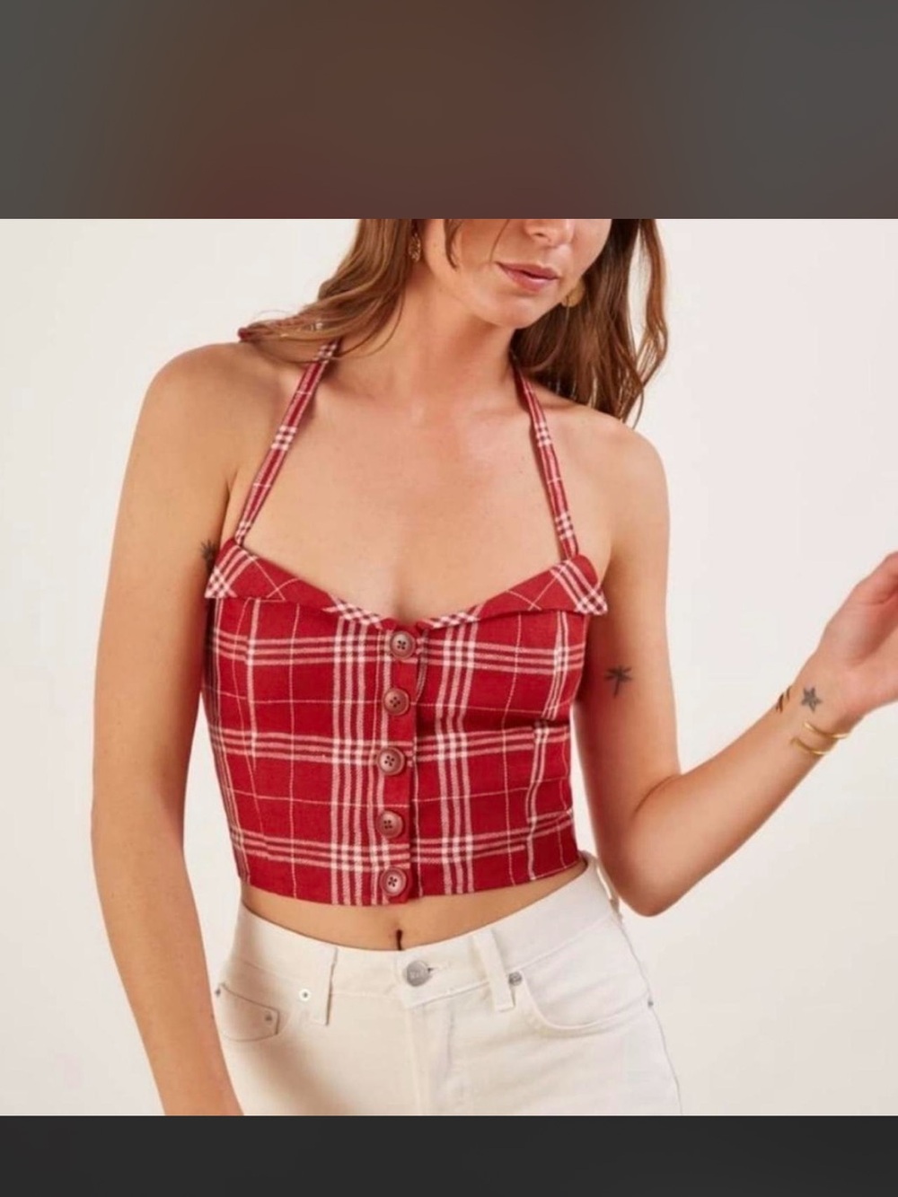 Reformation Connie Red Plaid Halter Button-Front Crop Top